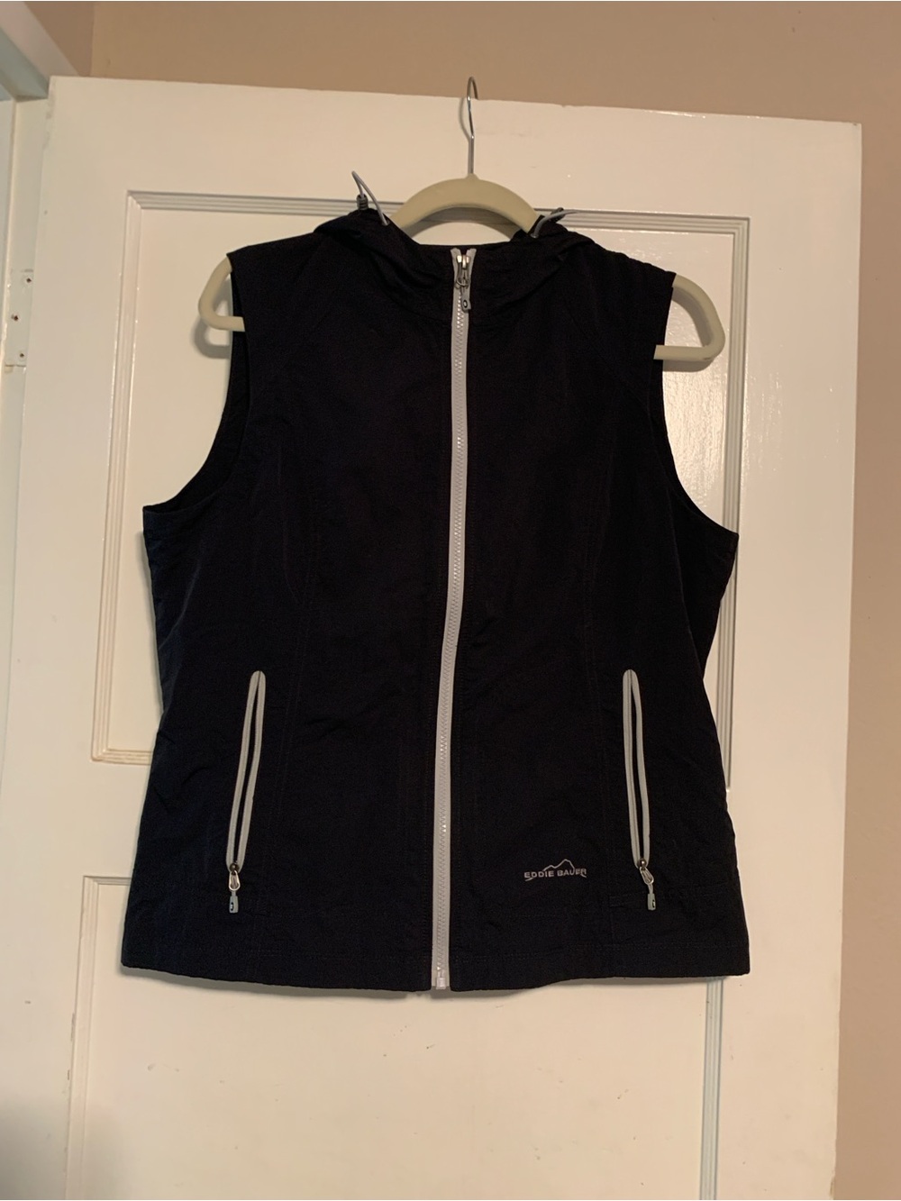 Eddie Bauer Black Hooded Zip Vest with Contrast Zippers
